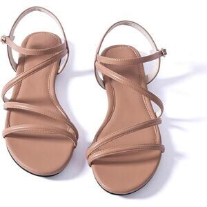 Mtzyoa Women Size 9 Nude Faux Leather Sandals Open Round Toe Ankle Strap Shoes